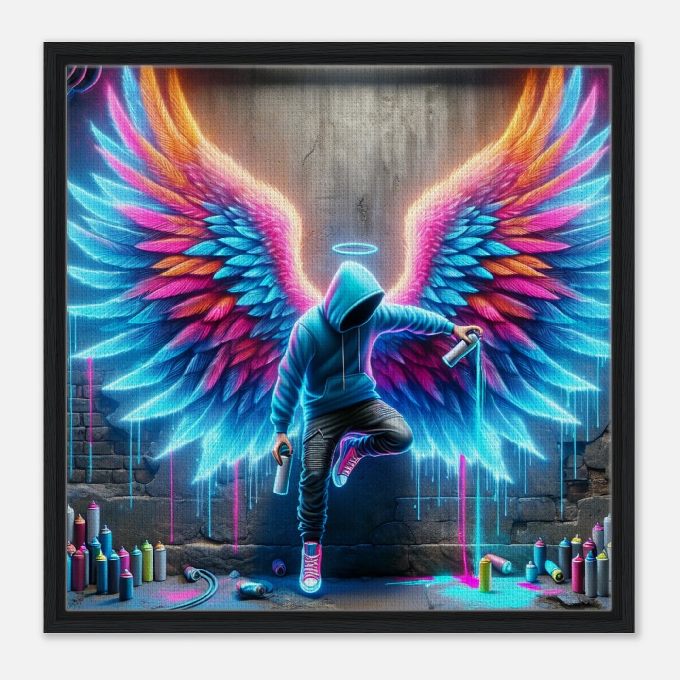 Sprayer lehnt sich in urbaner Szene an Engelsflügel-Graffiti – leuchtende Street Art auf Leinwand
