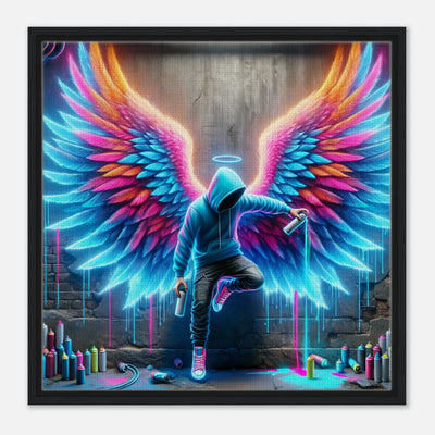 Sprayer lehnt sich in urbaner Szene an Engelsflügel-Graffiti – leuchtende Street Art auf Leinwand