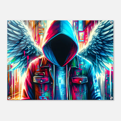 Engel der Cyberwelt – Acrylbild eines Hackers mit Engelsflügeln in futuristischer, verpixelter Umgebung