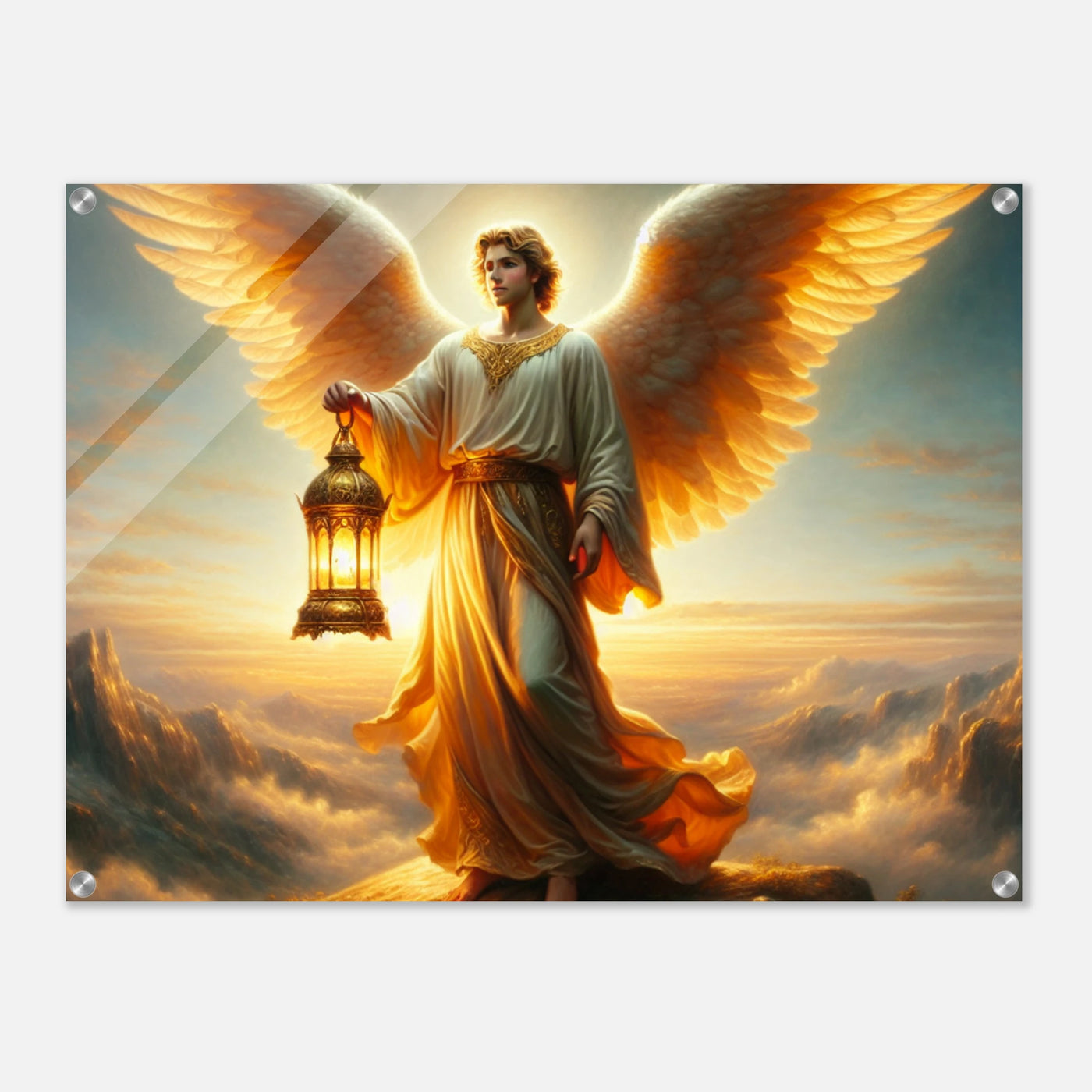 Acrylglasdruck: Heiliger Engel mit Laterne auf einem Gipfel eines hohen Berges, Schutzheiliger der Bergsteiger, eindrucksvolle Wandkunst für Naturliebhaber und Abenteuerlustige