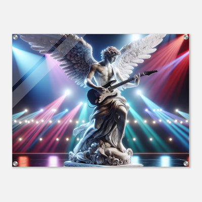 Marmorengel spielt Gitarre und singt auf der Bühne im violett-blauen Licht, moderne Wandkunst