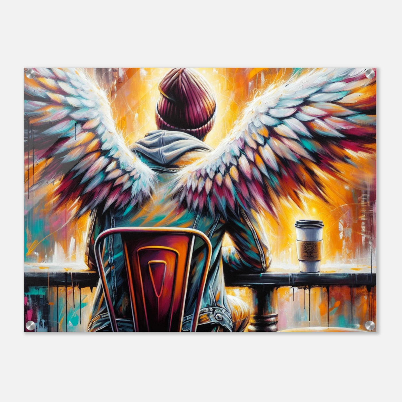 Hipster-Engel mit Heiligenschein im Café – Coffee & Halos Acrylglasdruck, trinkt Kaffee in Acrylfarben
