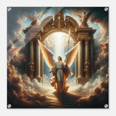 Lichtdurchfluteter Engel in goldener Tempelarchitektur – glänzender Acrylglasdruck mit religiösem Motiv