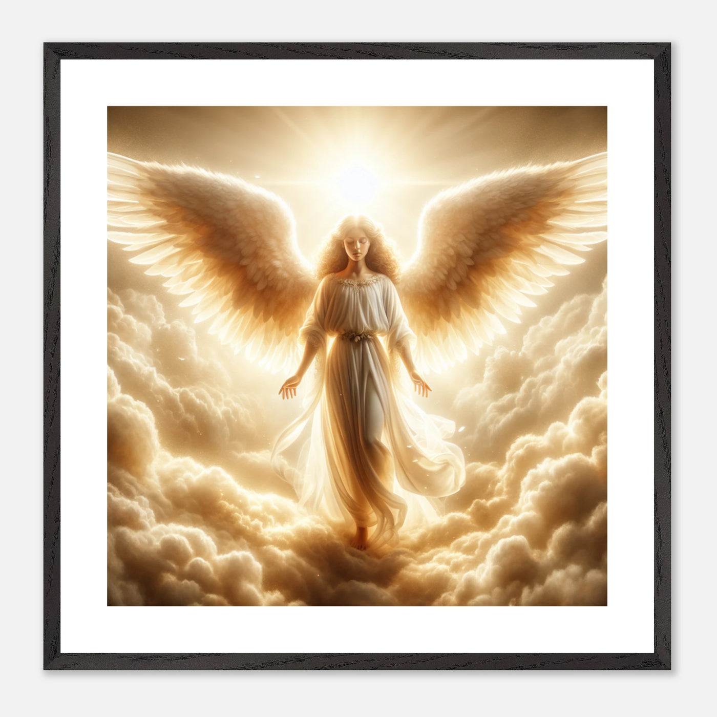 Gerahmtes Premium-Poster: Schutzengel heißt dich im Himmel willkommen, strahlt Wärme und Geborgenheit aus, helle Sonnenschein, ideale Wandkunst für Orte der Ruhe und Besinnung