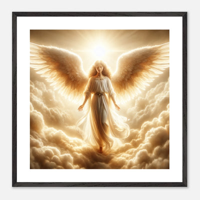 Gerahmtes Premium-Poster: Schutzengel heißt dich im Himmel willkommen, strahlt Wärme und Geborgenheit aus, helle Sonnenschein, ideale Wandkunst für Orte der Ruhe und Besinnung