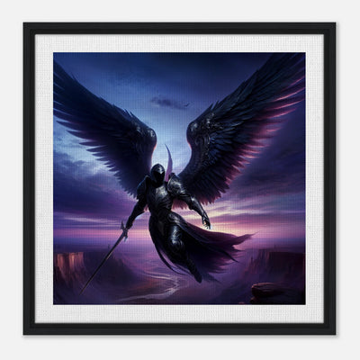 Gerahmte Leinwand: Wings of Twilight, geflügelter Ritter in Rüstung in violetter Nacht, schützende Wanddekoration für Wohnzimmer und Spielzimmer