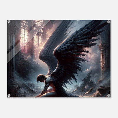 Acrylglasdruck: Engel mit verkohlten Flügeln kniet verzweifelt in den Ruinen einer heiligen Halle, symbolisiert verlorenen Glauben, eindrucksvolle Wandkunst für Kunstliebhaber und spirituelle Denker