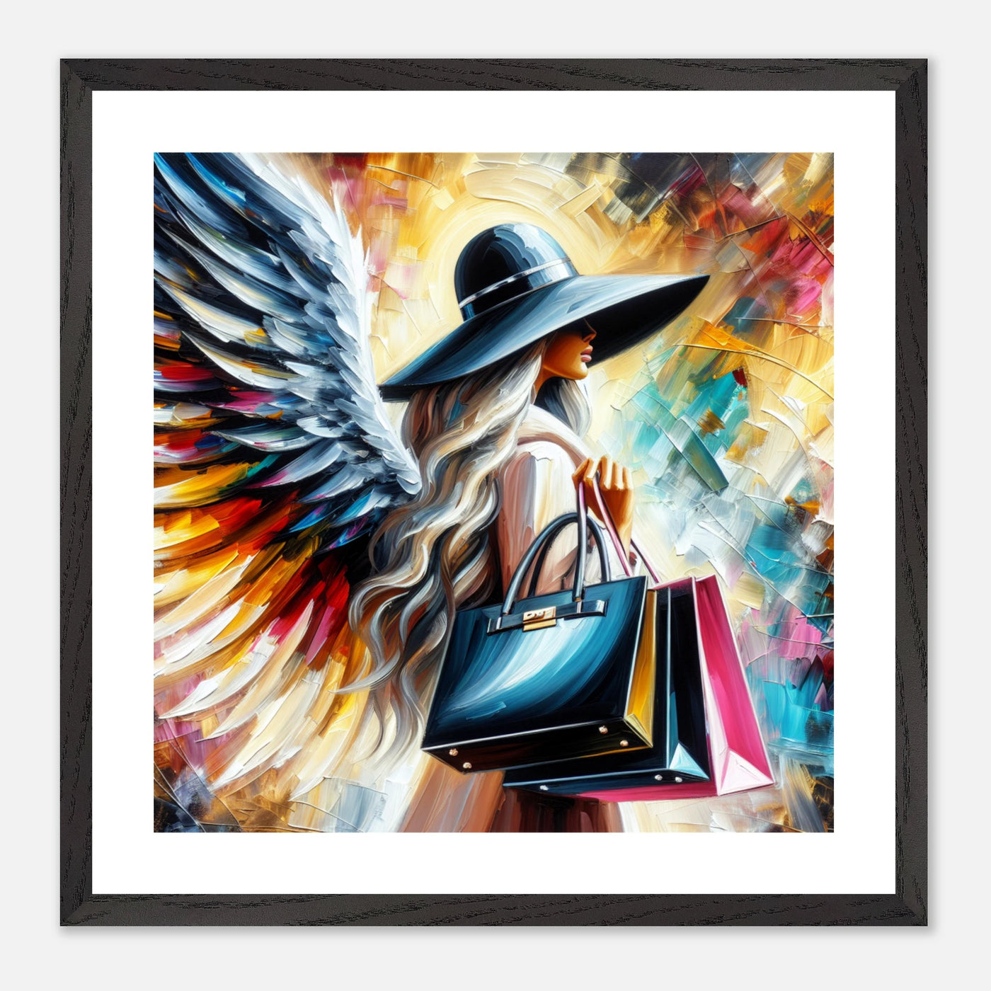 Engel auf Shoppingtour mit teuren Handtaschen – Blessed & Boujee Poster, Luxus in Acrylfarben
