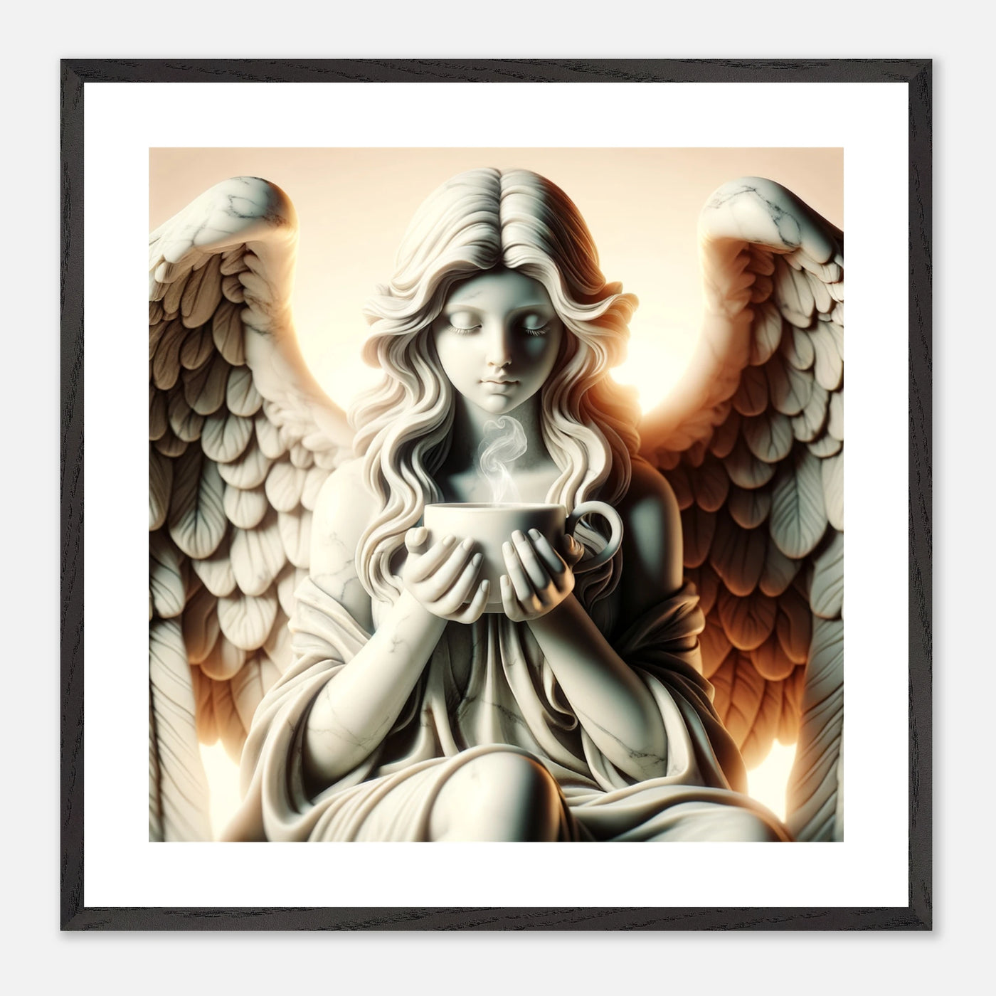 Gerahmtes Premium Poster mit Marmorengel und einer Tasse heißen Tee – moderne Ruhe & spirituelle Ästhetik für dein Zuhause | Dreaming Wings