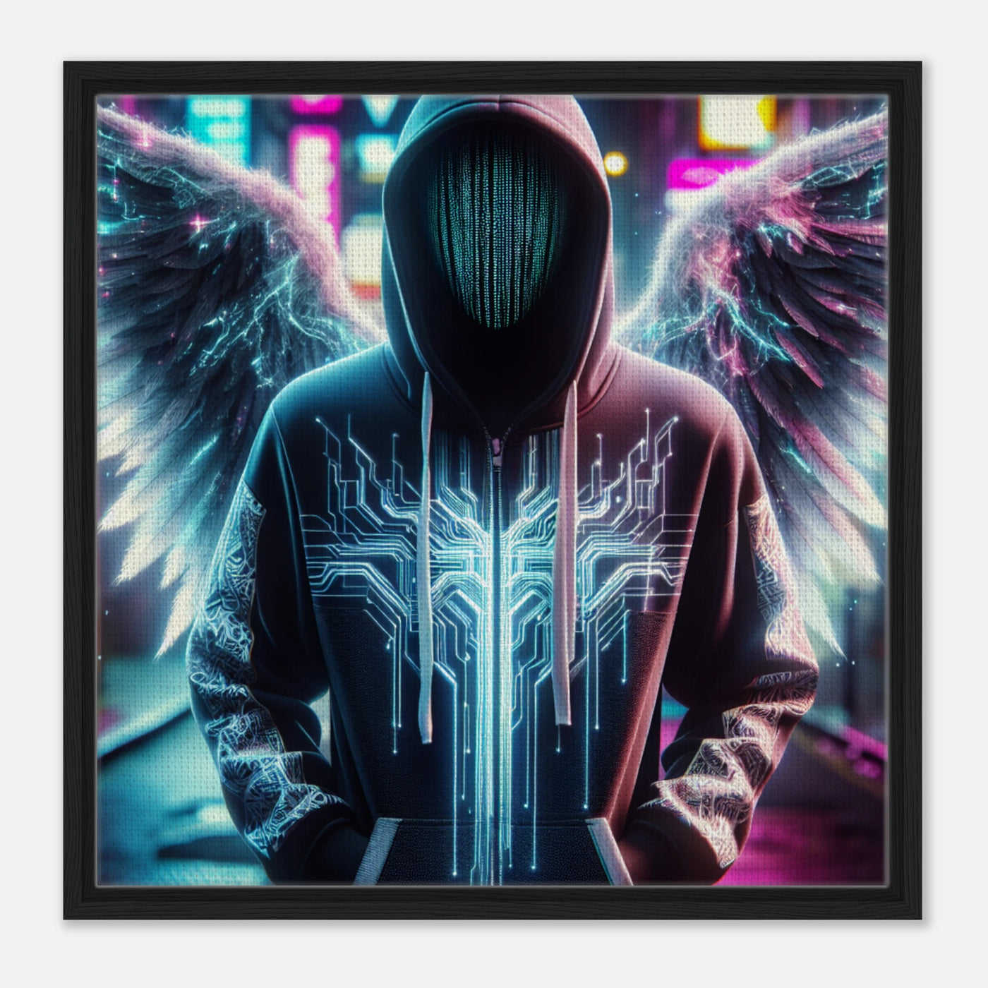 Elektronischer Engel in der digitalen Sphäre – moderne Leinwandkunst mit spannungsgeladenen Flügeln