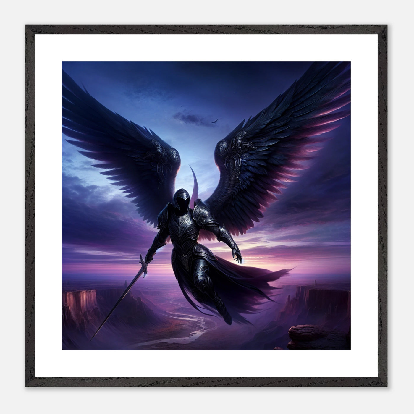 Gerahmtes Premium-Poster: Geflügelter Ritter in Rüstung fliegt durch die violette Nacht, hält Wache und beschützt die Menschen, inspirierende Wandkunst für Meditationsräume und Fantasy-Enthusiasten
