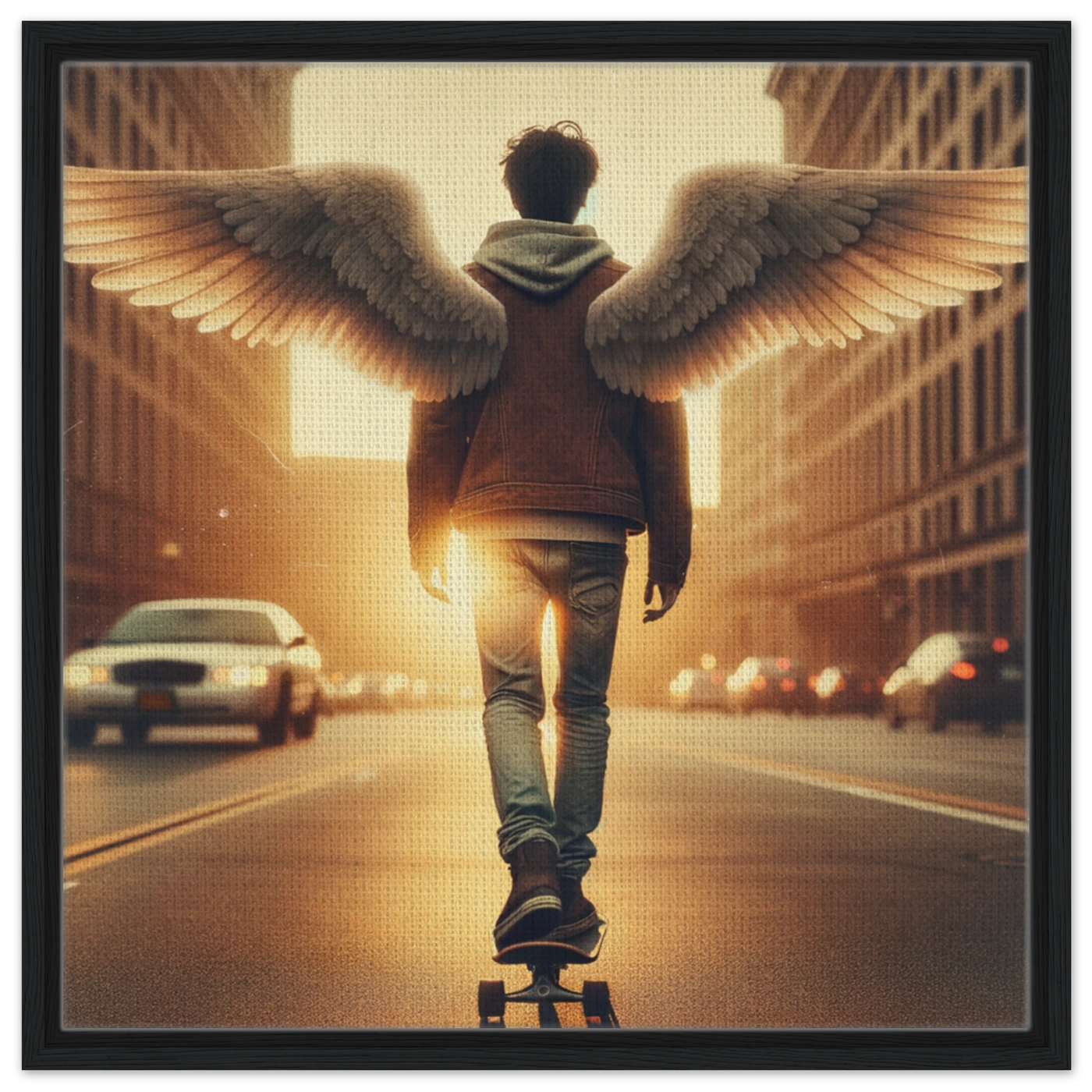 Skaterjunge-Engel fährt in den Himmel – Golden Hour Guardian Skater Boy Leinwanddruck, Abschied mit Skateboard in der goldenen Stunde
