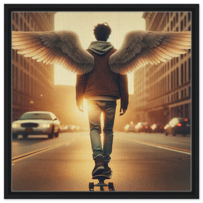 Skaterjunge-Engel fährt in den Himmel – Golden Hour Guardian Skater Boy Leinwanddruck, Abschied mit Skateboard in der goldenen Stunde
