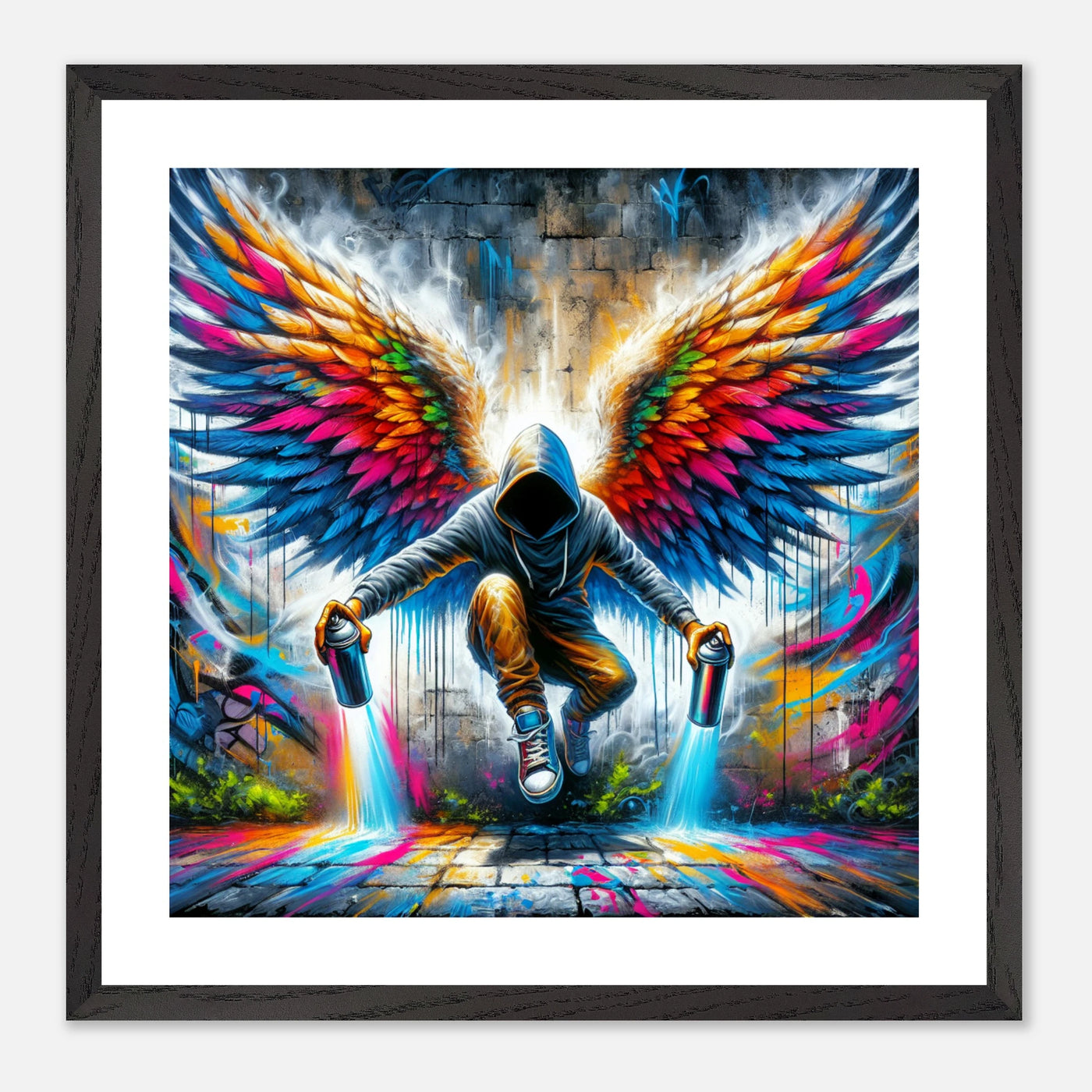 Neon Street Art mit Graffiti-Sprayer und Engelsflügeln – modernes Urban Poster mit starker Botschaft