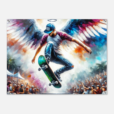 Tote Skater Seele mit Heiligenschein – kunstvoller Acrylglasdruck eines fliegenden Engels auf dem Skateboard
