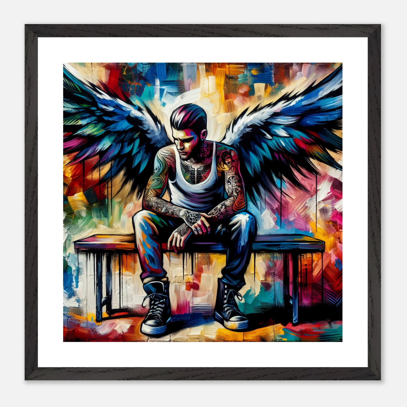 Tattoo-Engel im 50er-Jahre-Stil – junger Mann mit Rockabilly-Frisur, weißen Hemd und Engelsflügeln als farbenfrohes Poster