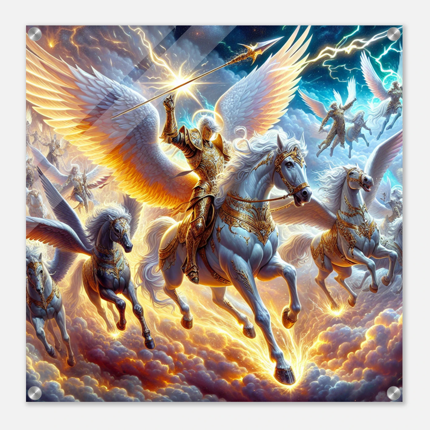 Detailreicher Acrylglasdruck mit fliegenden Kriegerengeln und goldener Rüstung – kraftvolle Fantasy-Szene