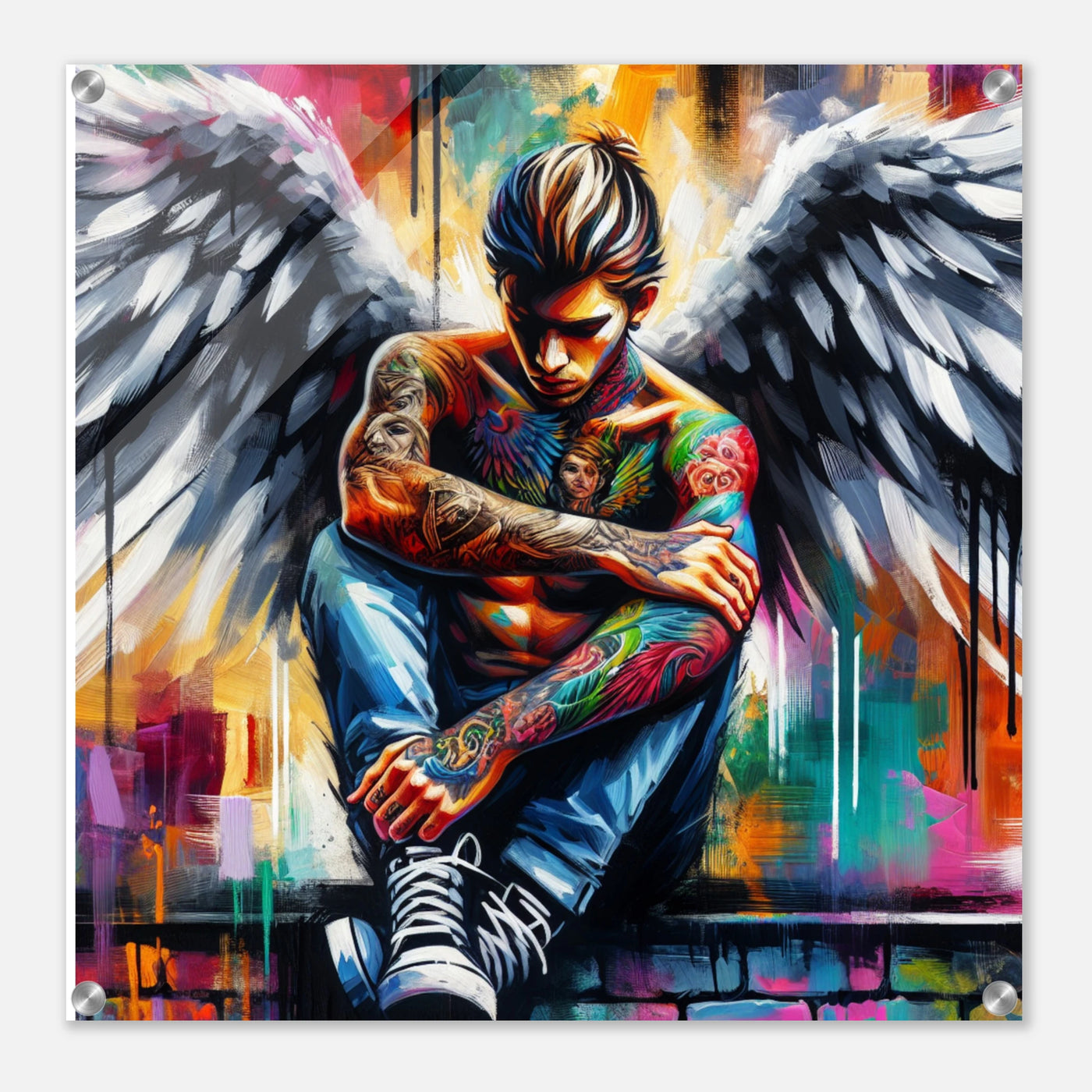 Farbenprächtiger trauriger Engel mit Tattoos – stilvoller junger Mann mit Rockabilly-Look und Flügeln auf Acrylglasdruck