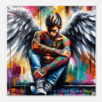 Farbenprächtiger trauriger Engel mit Tattoos – stilvoller junger Mann mit Rockabilly-Look und Flügeln auf Acrylglasdruck