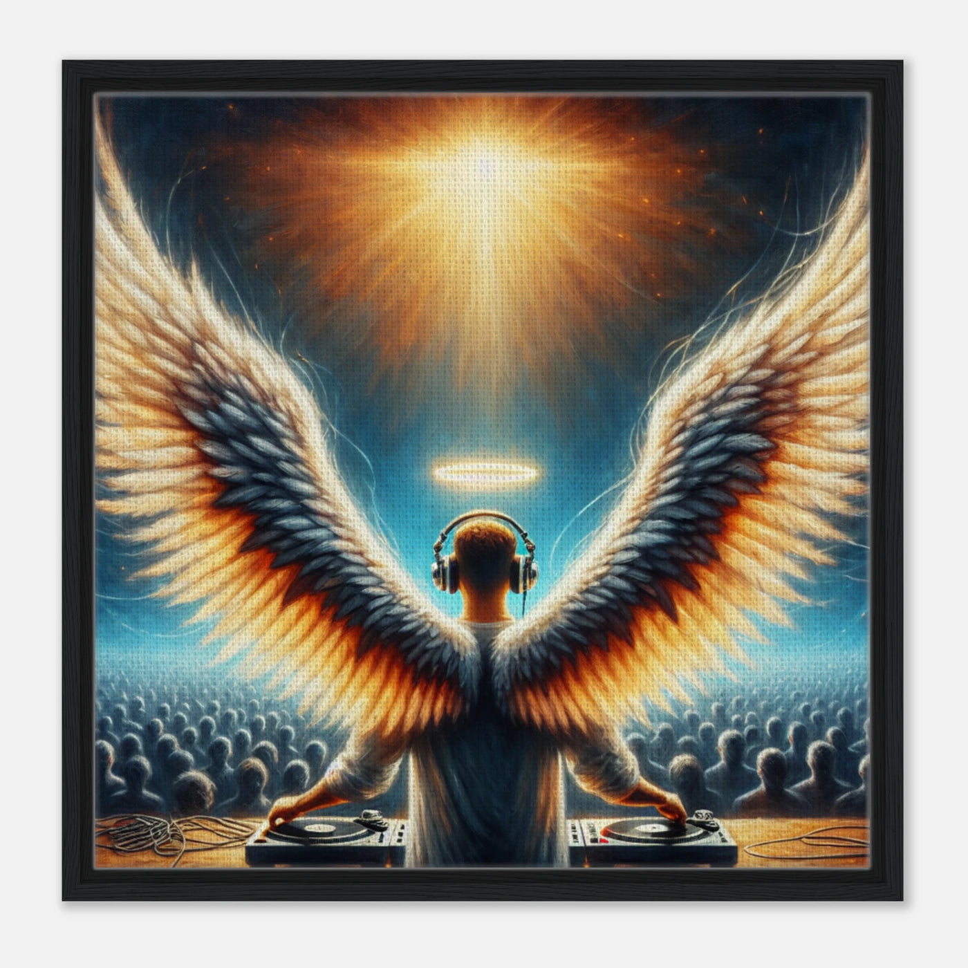 Himmlischer DJ mit Engelsflügeln und Turntables – Musik und Engel vereint auf urbaner Leinwandkunst
