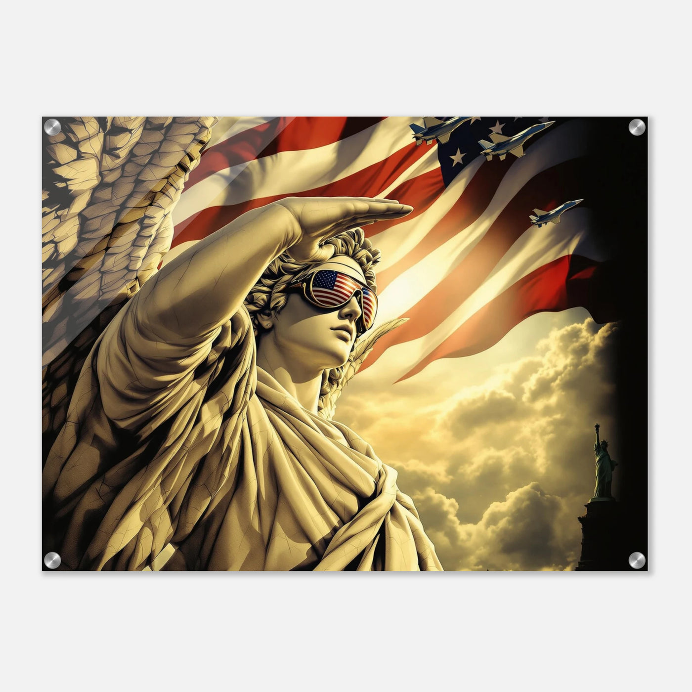 Stars & Stripes, Jets and the statue of liberty saluting in the sky