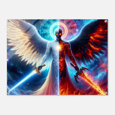 Acrylglasdruck: Zweigeteiltes Engelbild, heller Schutzengel mit leuchtendem Schwert und dunkler Engel des Todes in Flammen, Wolken und Weltraum, kraftvolle Wandkunst für Büro