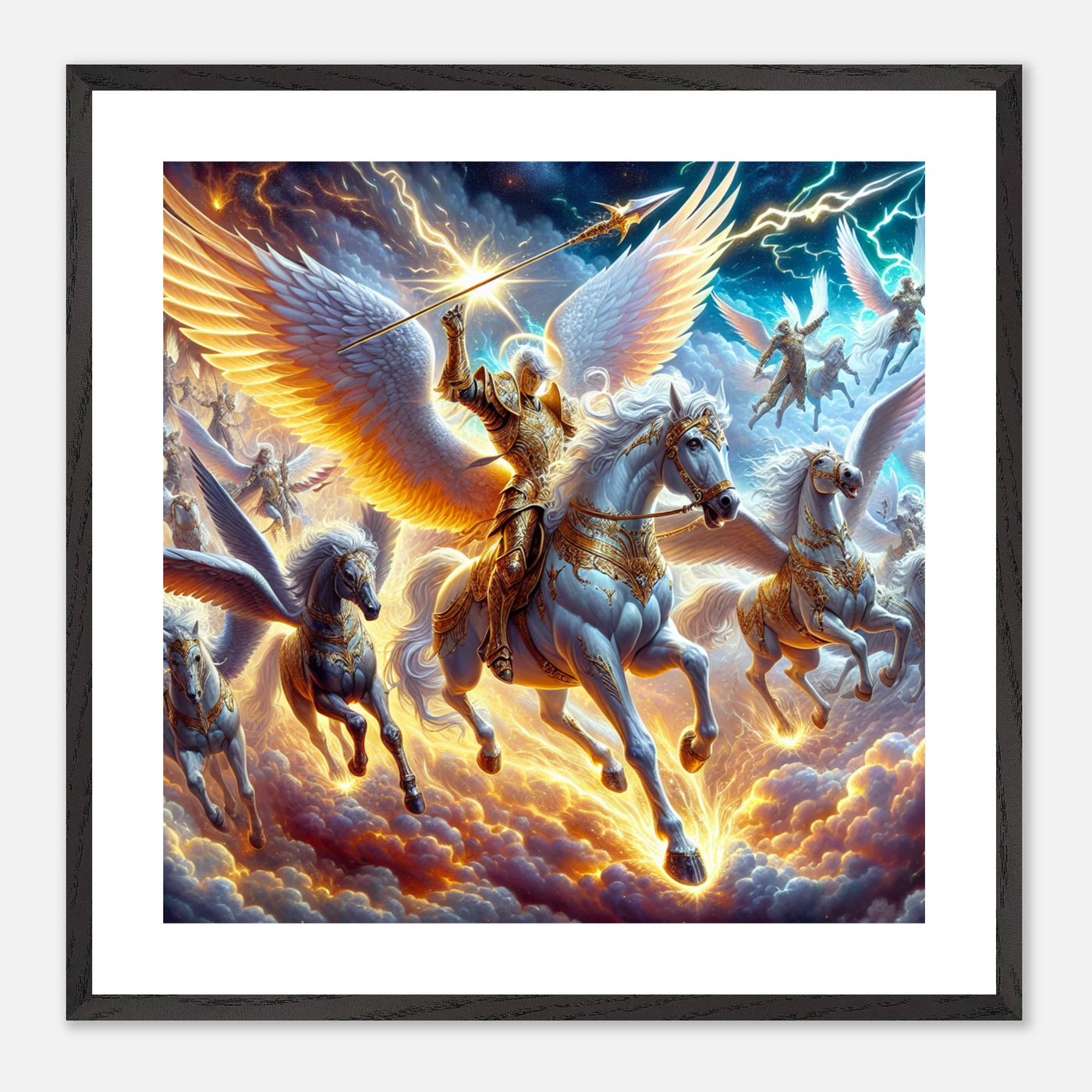 Epischer Engel auf flammendem Pegasus im himmlischen Sturm – Fantasy-Kunst als hochwertiges Poster