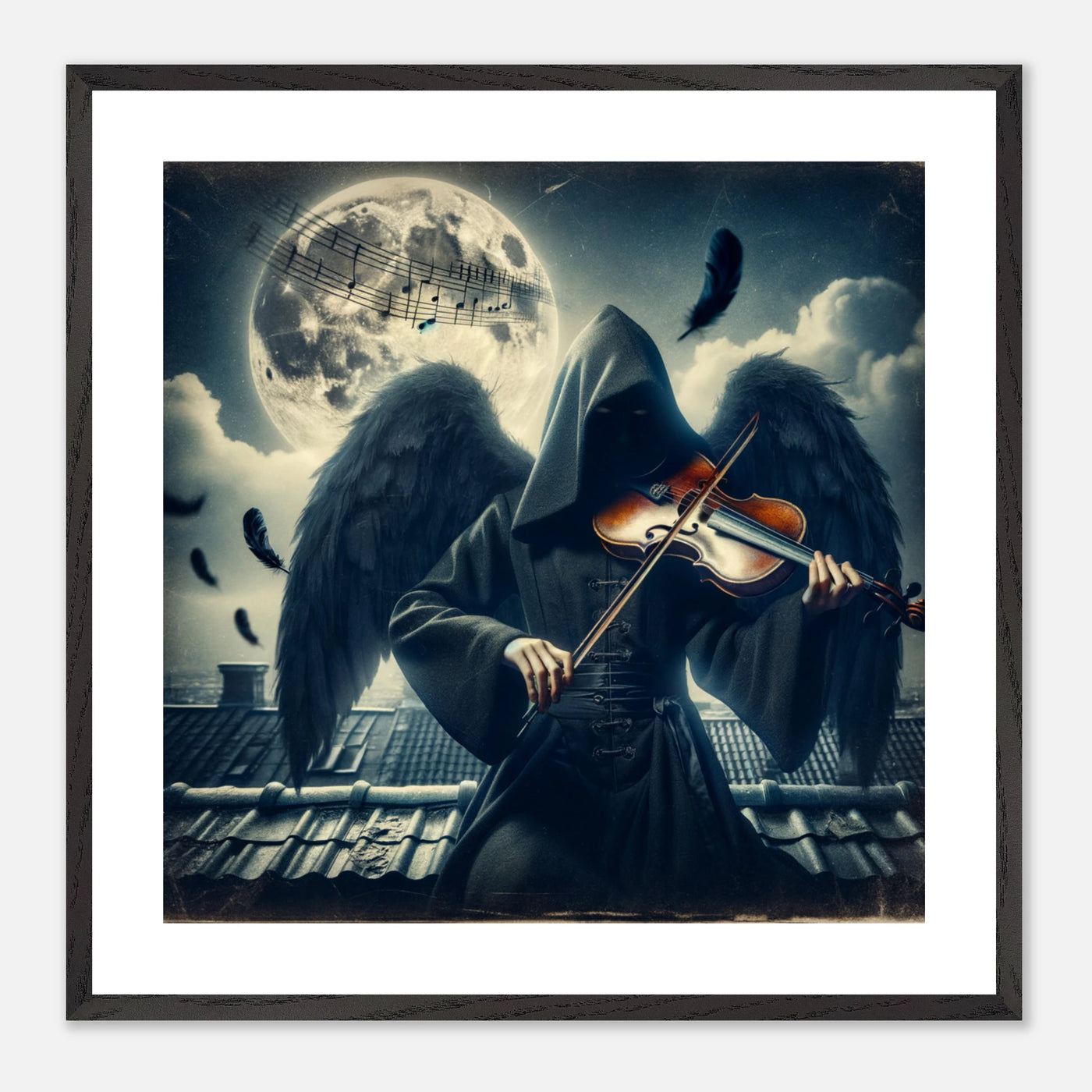 Gerahmtes Premium-Poster: Dunkles Phantom mit Engelsflügeln und Kapuze spielt melancholisch Geige unter dem Vollmond, ideale Wandkunst für Musikliebhaber und stimmungsvolle Räume