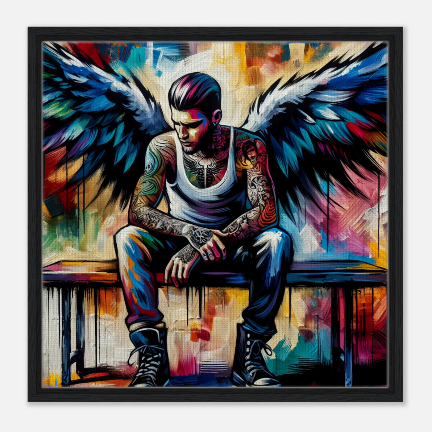Bunter Acrylengel – tätowierter Mann mit Retro-Charme und Engelsflügeln auf lebendiger Leinwandkunst